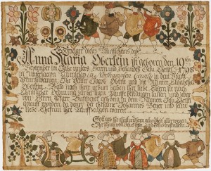 Many fraktur were decorated birth and baptismal certificates such as this lively example from the Johnson Collection made for Anna Maria Oberle, born Sept. 19, 1798, attributed to artist Johannes Ernst Spangenberg. Courtesy Philadelphia Museum of Art